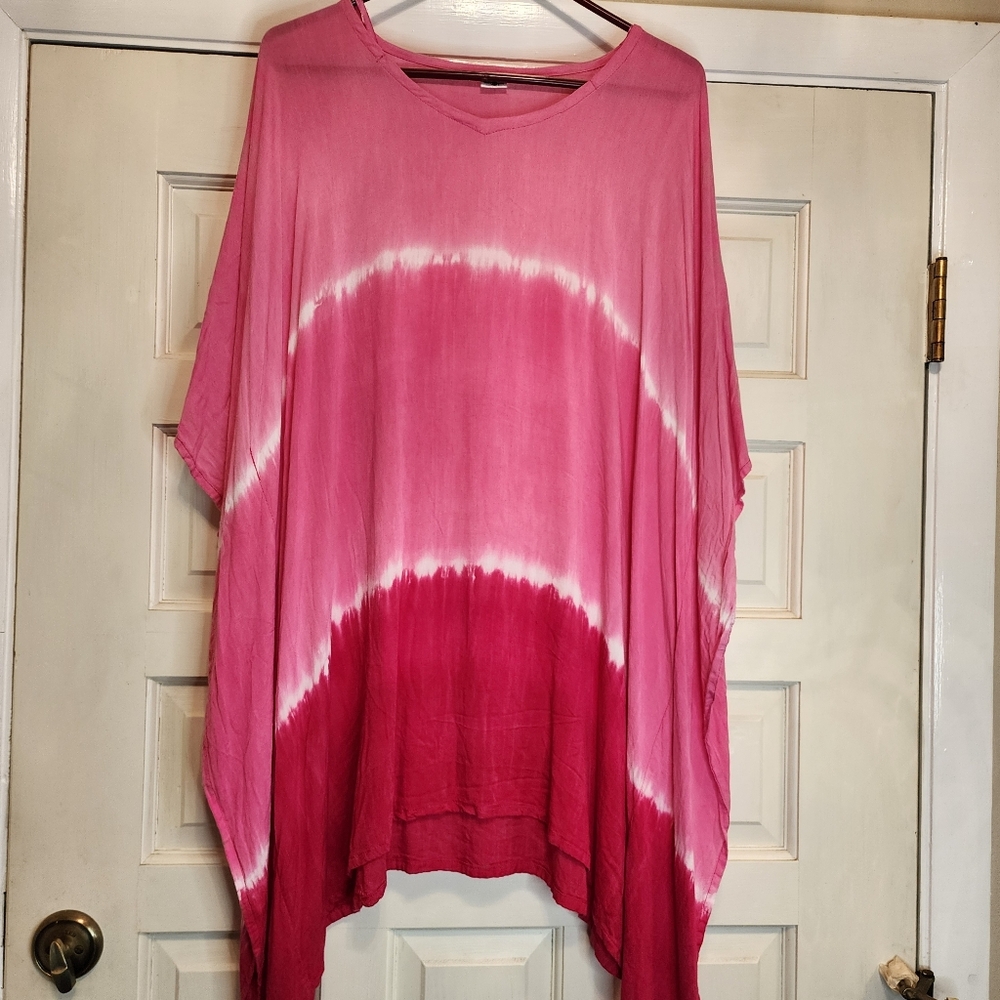 Island Planet Pink Tie-Dyed, Striped Top, Tunic, Swim cover-up 100% Rayon